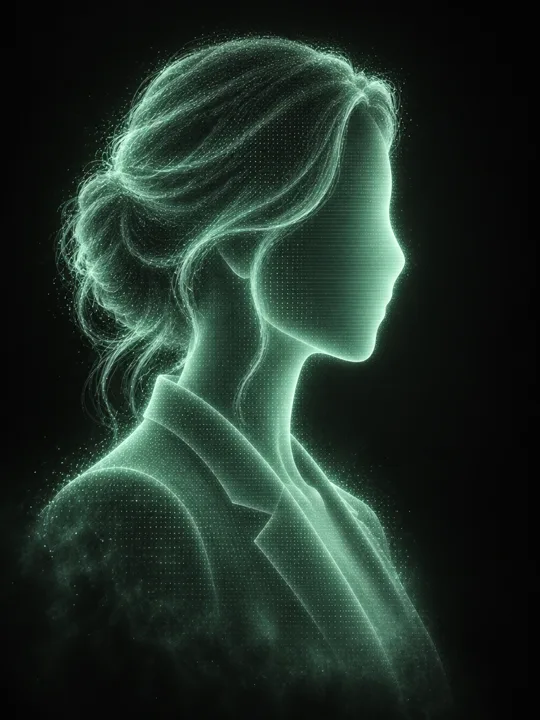 Illustrative faceless holographic AI employee side profile.